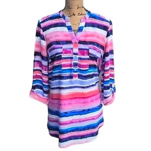 NEW Women's Cato Multi-Colored Striped Top with Roll Tab Sleeves